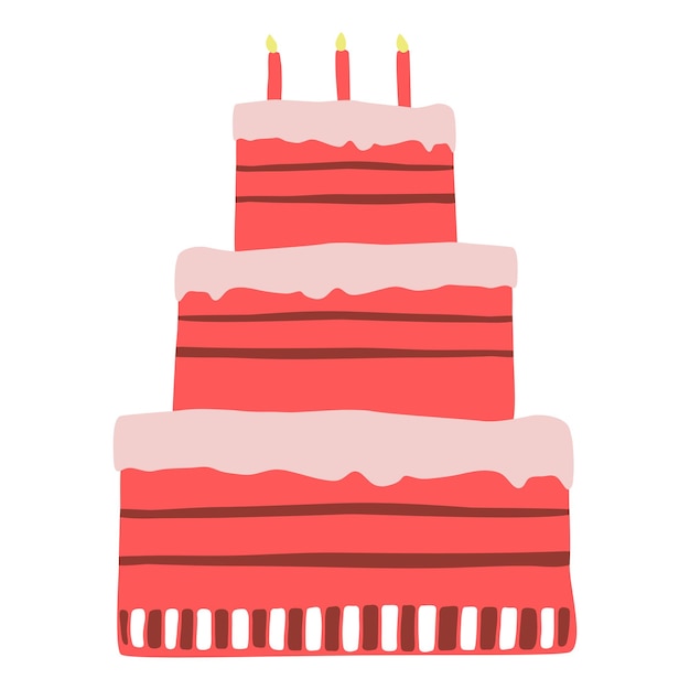 Pastel de cumpleaños dibujado a mano con tres capas con velas. dibujo de garabato vectorial aislado sobre fondo blanco.