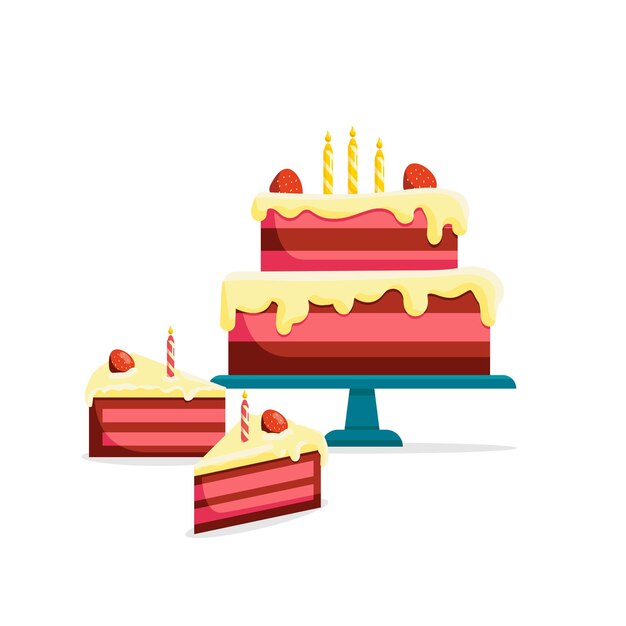 Pastel de cumpleaños entero y rebanada cortada Ilustración de vector aislado Iconos de comida sabrosa de panadería
