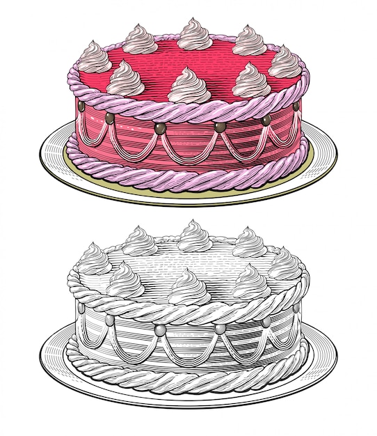 Pastel de cumpleaños en estilo grabado.