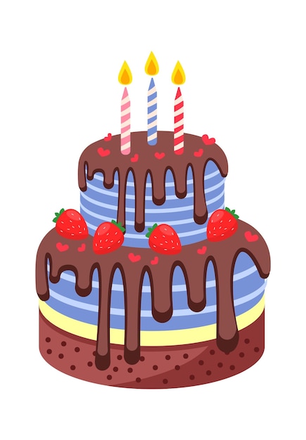 Pastel de cumpleaños con fresas y velas ilustración vectorial