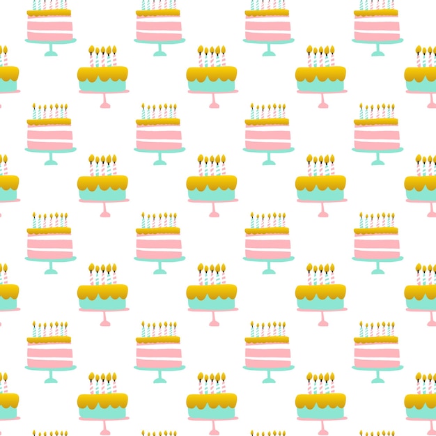 Pastel de cumpleaños de patrones sin fisuras. Ilustración de vector de fondo de saludo de moda.