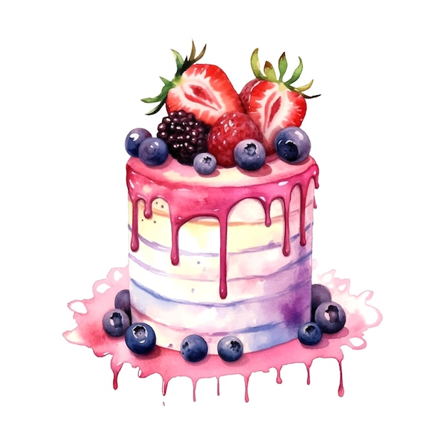 Pastel de cumpleaños rosa colorido acuarela en estilo vintage sobre fondo blanco vector dibujado a mano