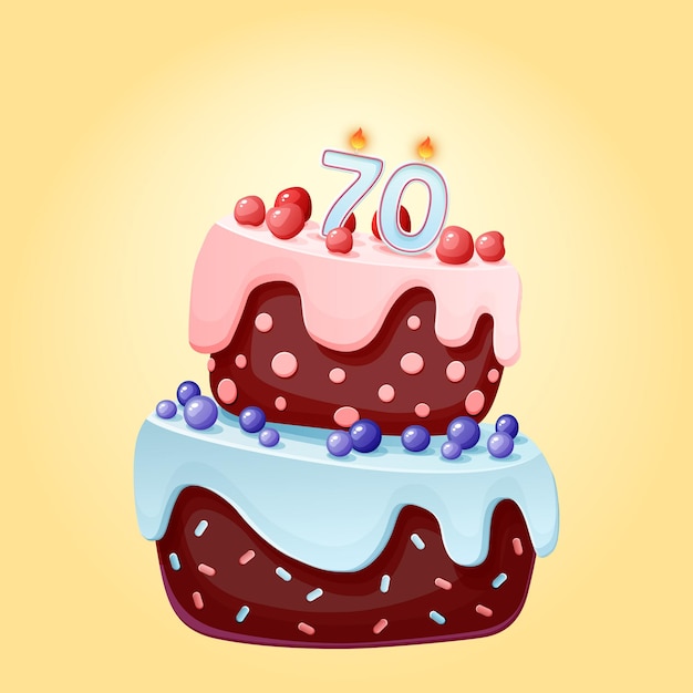 Pastel de cumpleaños de setenta años con velas número 70 imagen de vector festivo de dibujos animados lindo galleta de chocolate con bayas cerezas y arándanos ilustración de feliz cumpleaños para fiestas