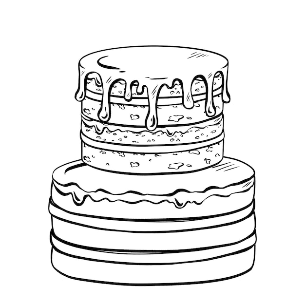 Un pastel de cumpleaños de tres niveles representado en un dibujo de línea negra y blanca