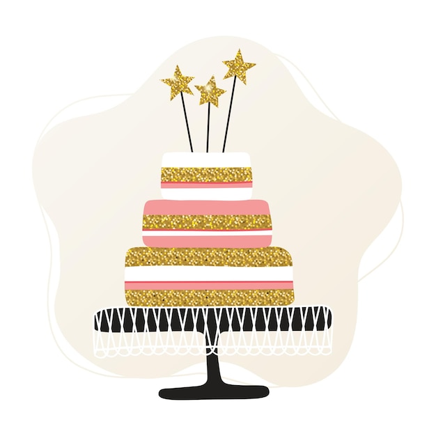 Pastel de cumpleaños de tres pisos con palos de estrellas brillantes ilustración vectorial