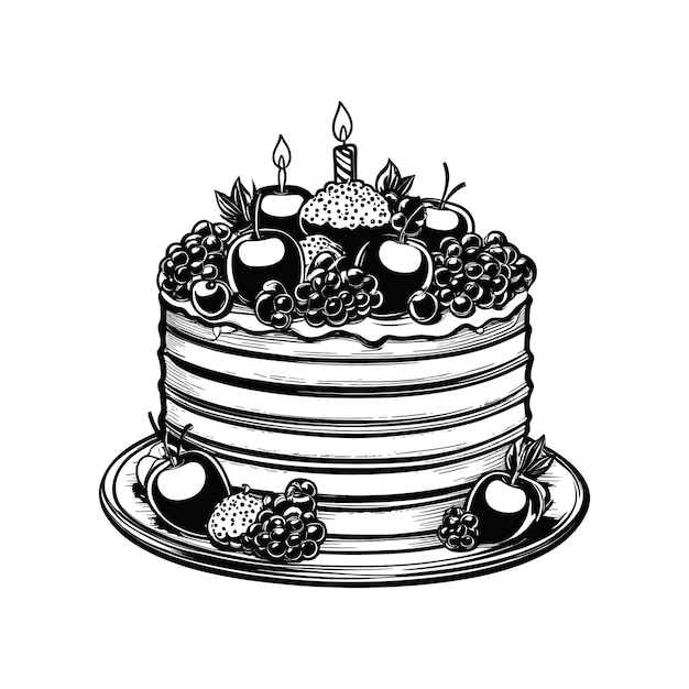Pastel de cumpleaños vectorial con bayas y crema ilustración de vector de boceto dibujado a mano