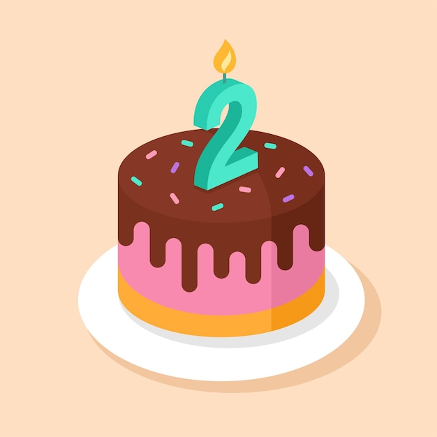 Pastel de cumpleaños con vela número 2 Ilustración de vector de segundo cumpleaños