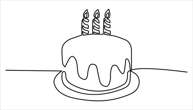 Pastel de cumpleaños con vela en la parte superior ilustración de dibujo continuo de una línea