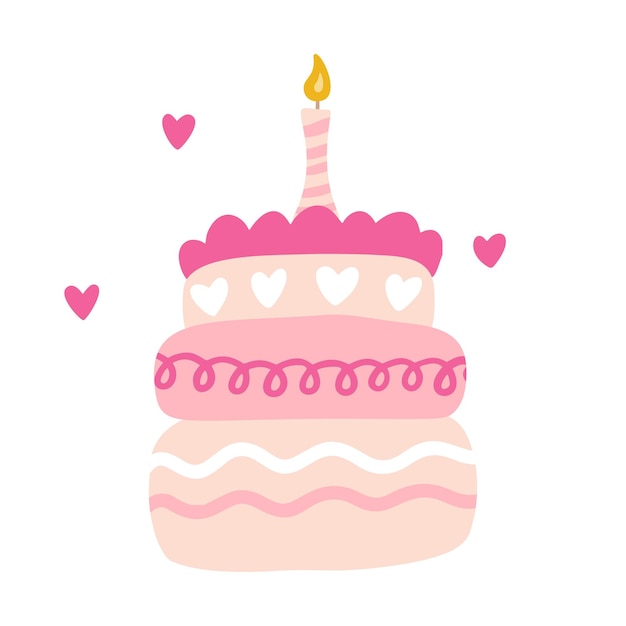 Pastel de cumpleaños con una vela vector fiesta bebé niños simple plano horneado postre garabato ilustración