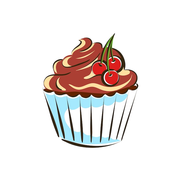 Pastel de cupcake con crema de chocolate decorado con tres cerezas dibujo de ilustración vectorial