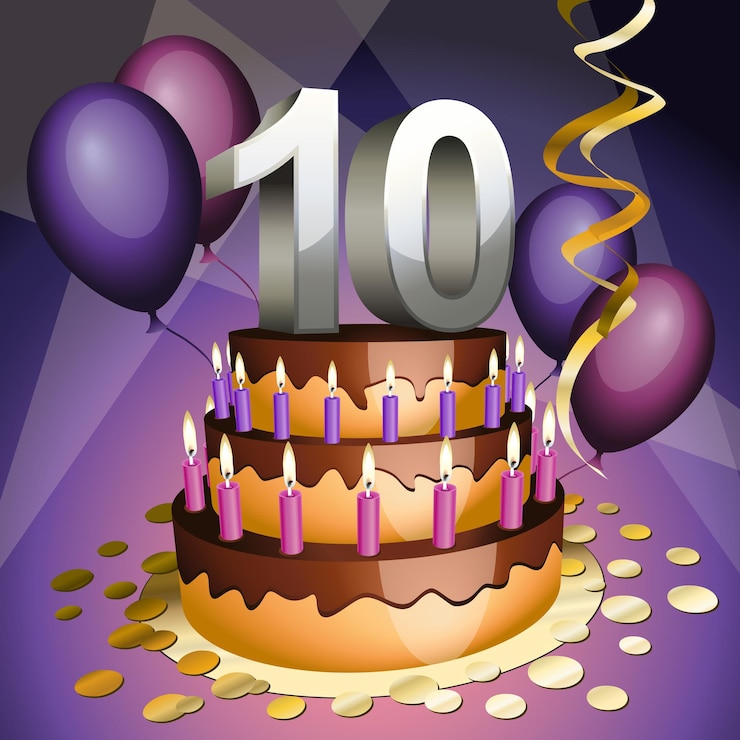 Vector pastel de décimo aniversario con números, velas y globos.