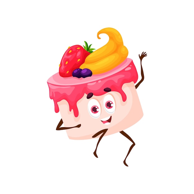 Pastel de dibujos animados con mermelada y frutas personaje de postre vectorial Personaje de panadería con cara divertida agitando la mano Producción de panadería Cuento de hadas Pastelería recién horneada Pastelería kawaii