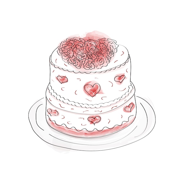 Vector un pastel de dos niveles con corazones de mazapán de crema y flores de mástica en una bandeja en un estilo de garabate de acuarela