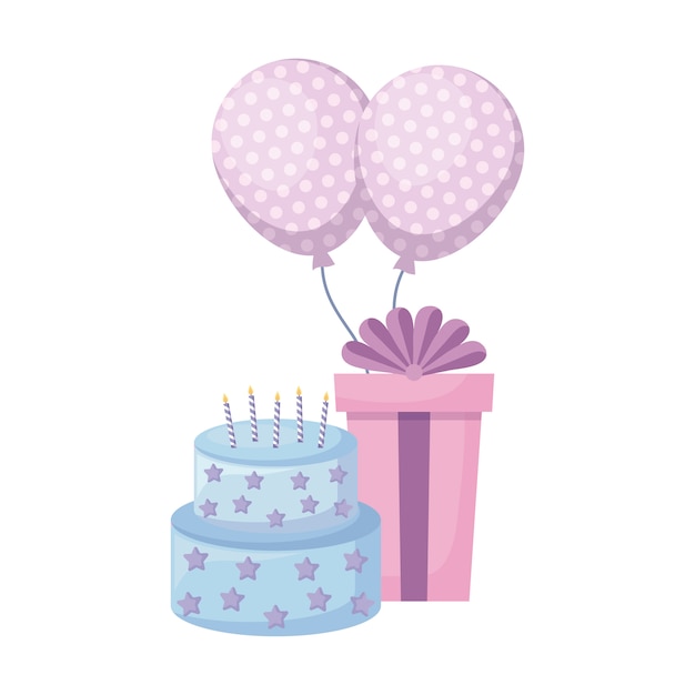 Pastel dulce con caja de regalo y globos helio.