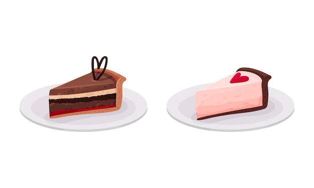 Pastel dulce en el plato como atributos y símbolos festivos del Día de San Valentín Conjunto vectorial