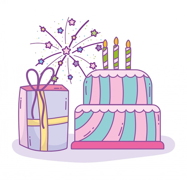 Pastel de feliz cumpleaños con velas y caja de regalo fiesta de celebración