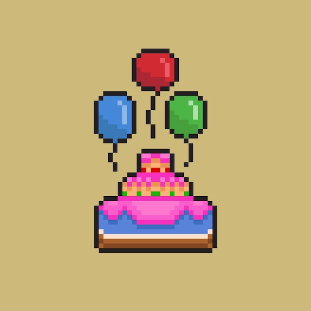 Pastel de fiesta con globos en estilo pixel art