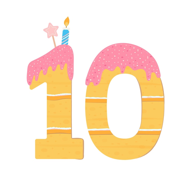 Vector pastel en forma de número 10. pastel dulce de cumpleaños, regado con glaseado y crema. la masa está decorada con una vela, chispas y un asterisco. imagen aislada. ilustración vectorial, plana