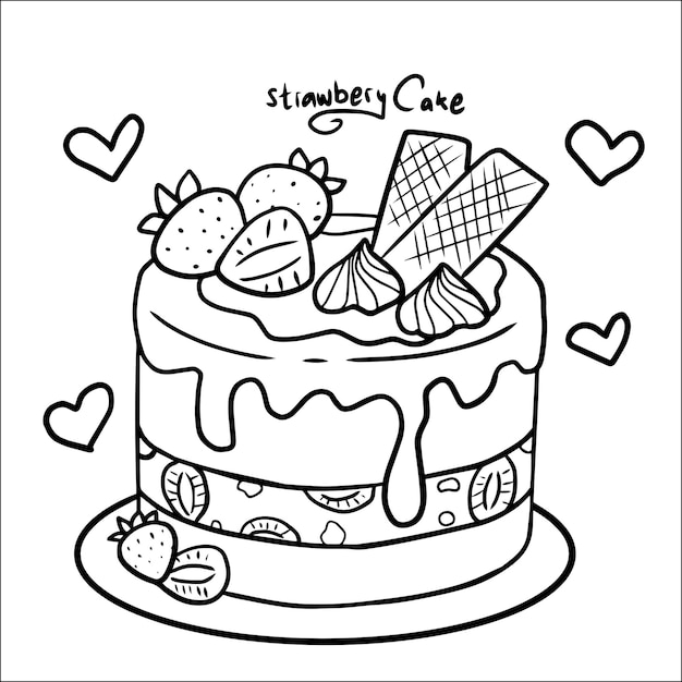 El pastel de fresa kawaii dibujado a mano página de colorear 2