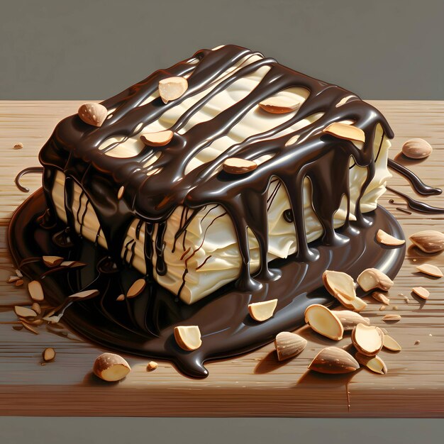 Pastel con glaseado de chocolate y nueces sobre una tabla de madera de cocina cortada