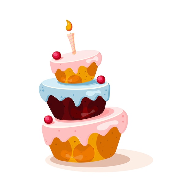 Pastel grande y brillante con crema y cerezas para un cumpleaños con una vela en la parte superior