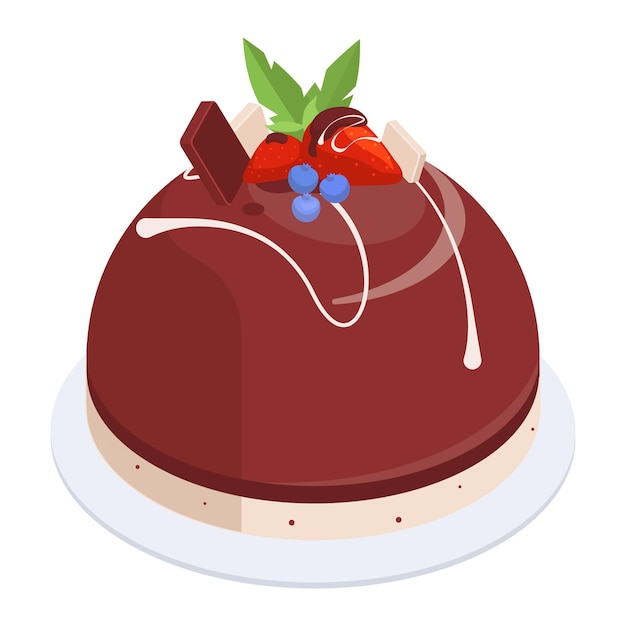 Pastel isométrico Postre de pastel de vainilla dulce con glaseado de chocolate sabroso pastel de chocolate decorado con bayas 3d ilustración vectorial