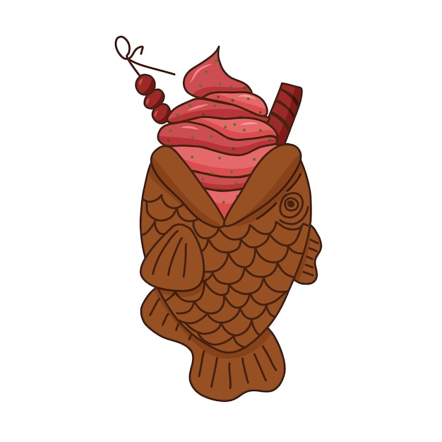 Vector pastel japonés taiyaki en forma de pez dibujado a mano con relleno dulce de pasta de crema de frijol rojo doodle dibujado a mano ilustración de alimentos