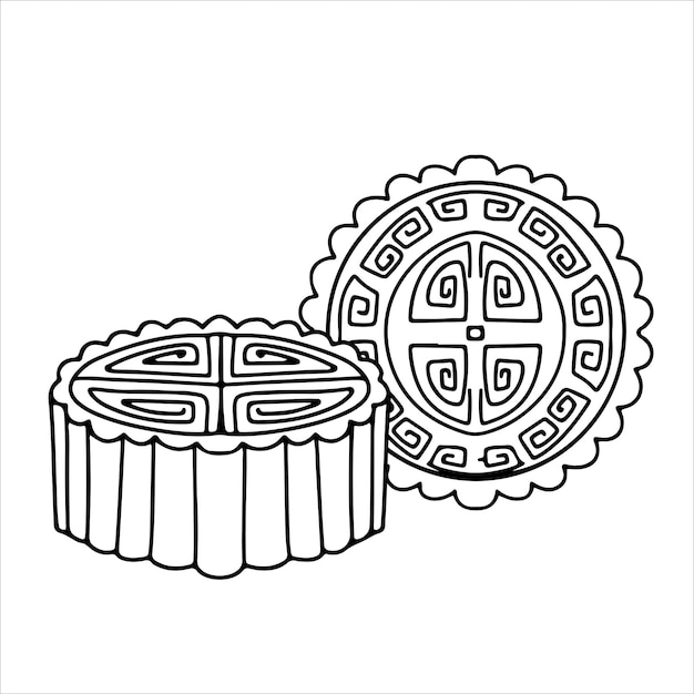 Pastel de luna chino tradicional los pasteles del festival del medio otoño tienen diferentes patrones ilustración vectorial de línea aislada en fondo blanco
