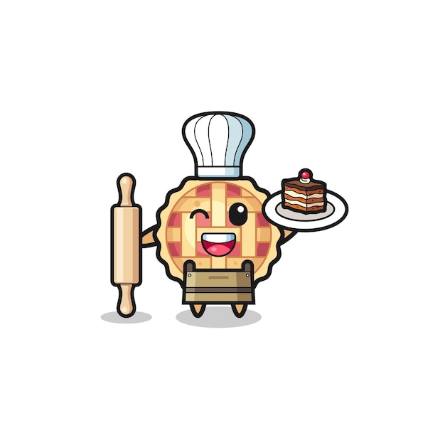 Pastel de manzana mientras la mascota del pastelero sostiene un rodillo