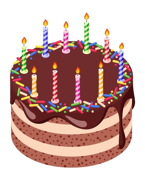 Pastel marrón con velas. Postre de chocolate fiesta de cumpleaños aislado sobre fondo blanco.
