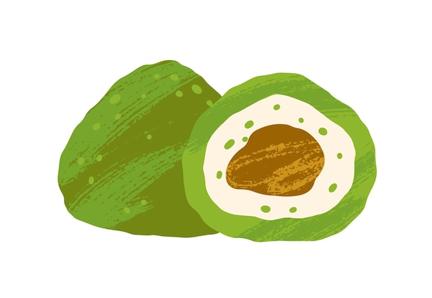 Pastel de matcha con sabor a té verde y relleno de chocolate. Caramelo vegano japonés. Dulces asiáticos naturales sin azúcar. Ilustración de vector plano de postre chino aislado sobre fondo blanco.