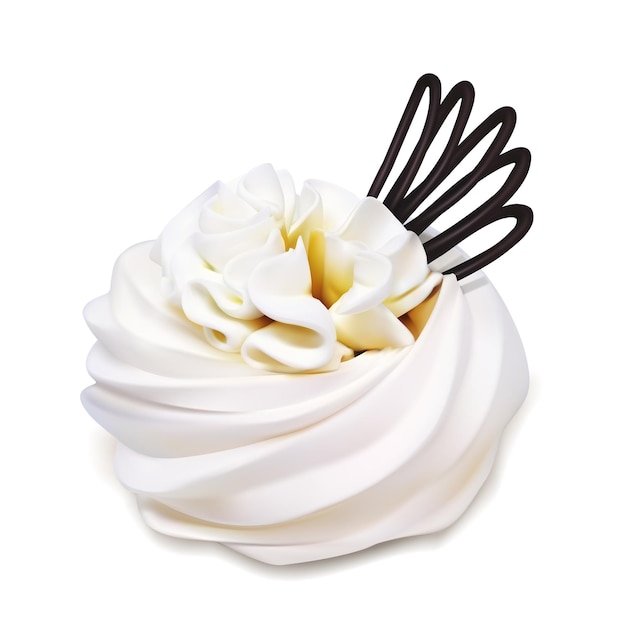 Pastel de merengue realista y crema. Ilustración de vector de pastel de merengue sobre fondo blanco