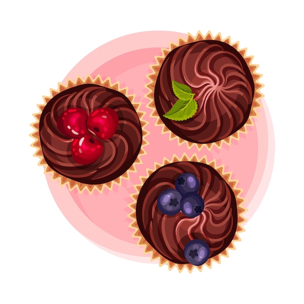 Pastel o muffin con chocolate como postre servido en el plato Ilustración vectorial