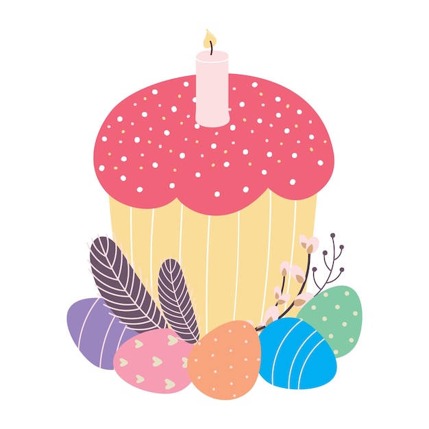 Pastel de Pascua decorado con plumas de huevos y una ramita de sauce Ilustración vectorial