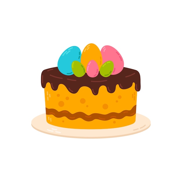 Un pastel de Pascua festivo con una base de esponja dorada cubierta con un rico glaseado de chocolate y un huevo de colores
