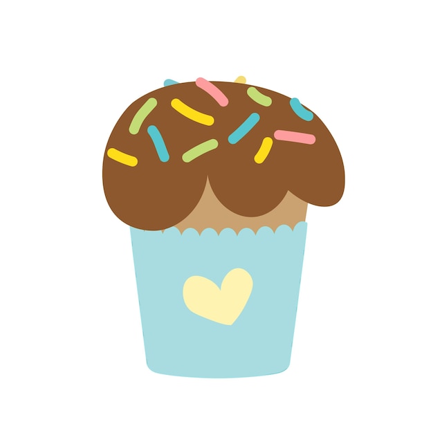 Vector pastel de pascua con glaseado de chocolate y espolvorear magdalena con corazón plano aislado