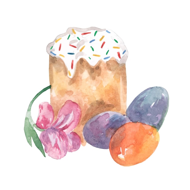 Pastel de pascua con glaseado ilustración acuarela ruso tradicional con flores y huevos