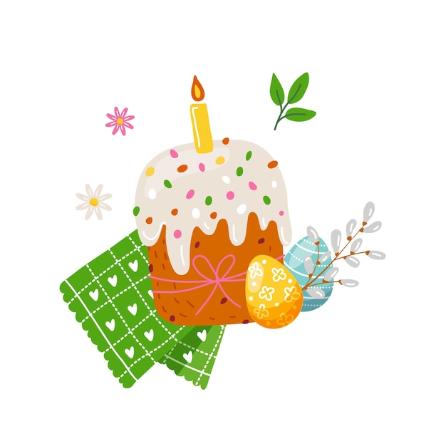 Pastel de Pascua con huevos coloridostoalla de cocinapussy willowVector ilustración
