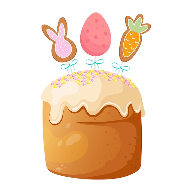 Pastel de pascua con huevos de pascua, conejitos de pan de jengibre y zanahoria en la parte superior