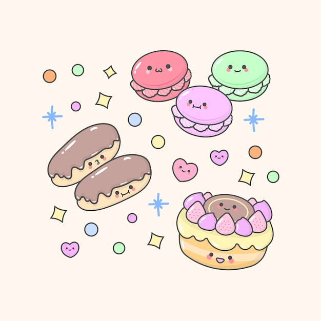 pastel de postre macaroon eclair cumpleaños con expresiones faciales lindas y color pastel