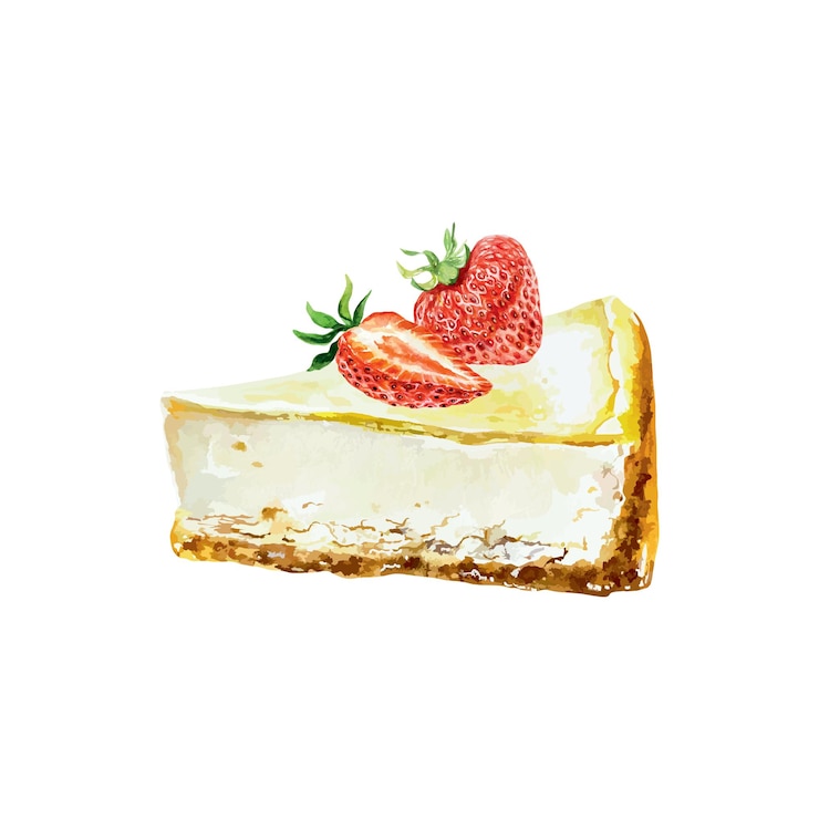 Vector pastel de queso con fresas en una taza de café acuarela café panadería carteles de menú carteles