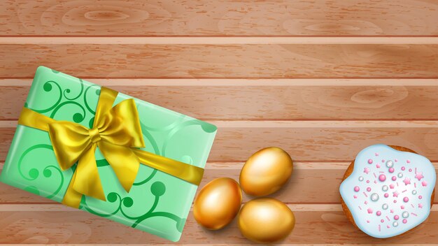 Vector pastel sabroso de huevos de pascua dorados realistas y hermosa caja de regalo con lazo en tablones de madera