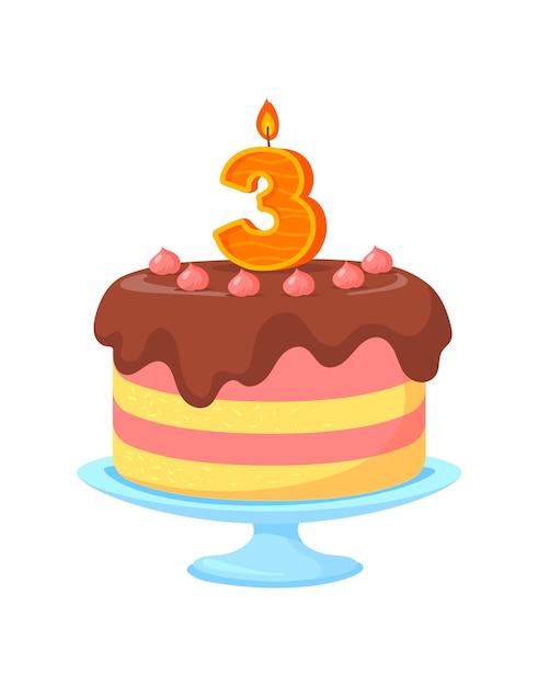 Pastel en el stand. Deliciosos pasteles con vela de felicitación, vector de dibujos animados