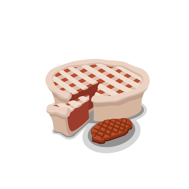 Pastel y su pieza con carne sobre un fondo blanco en un estilo minimalista