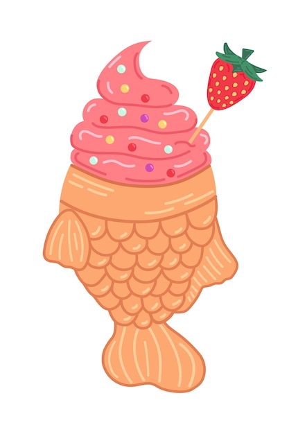 Pastel de taiyaki en forma de pez con helado de fresa