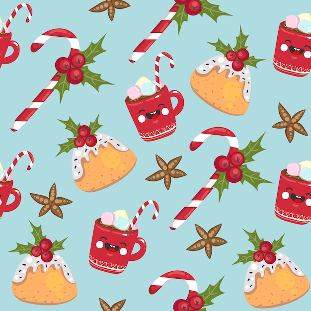 Pastel, taza y dulces de Navidad de patrones sin fisuras