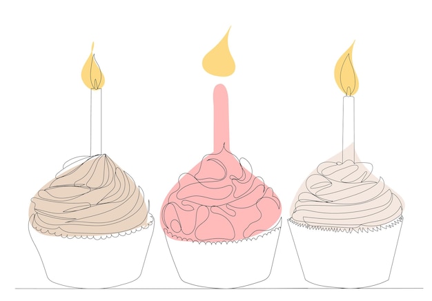 Pastel con una vela un dibujo de línea continua dibujo vectorial