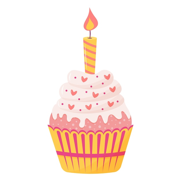 Pastel con vela en la parte superior postre de crema dulce Ilustración de dibujos animados plana vectorial