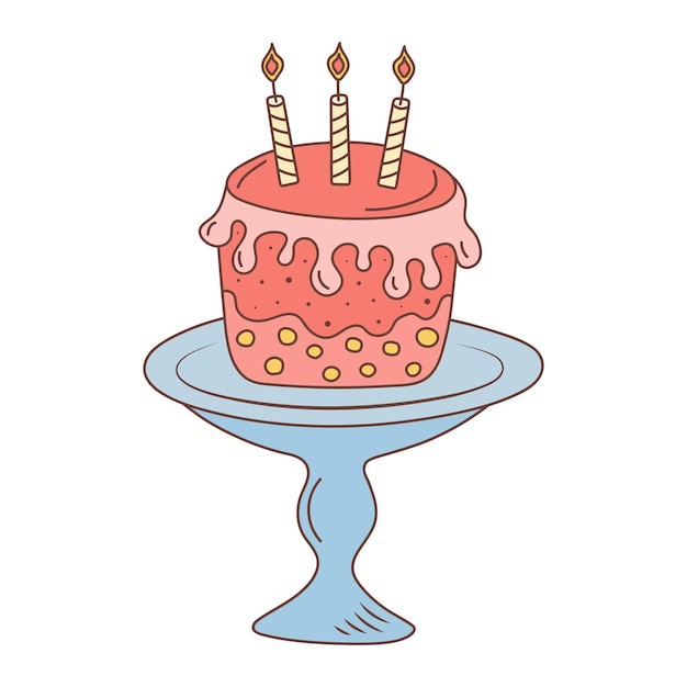 Pastel con velas en un plato Concepto de fiesta de celebración de cumpleaños Doodle dibujado a mano