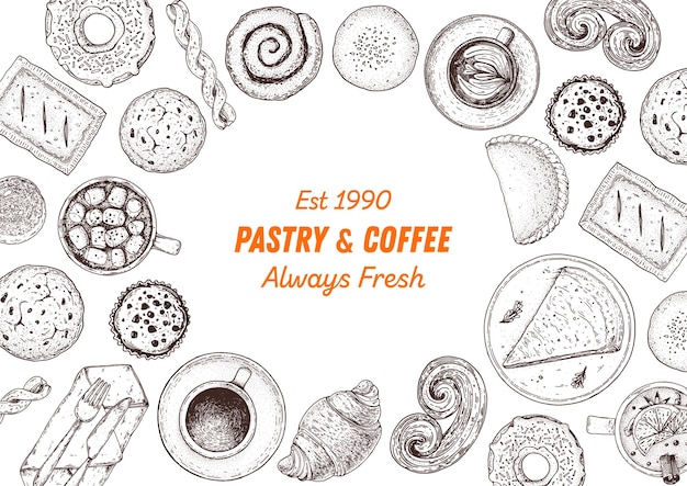 Pastelería y café Menú de la cafetería Ilustración de diferentes productos horneados Ilustración vectorial dibujada a mano Boceto de panadería Plantilla de fondo para el diseño Imagen de comida grabada Vista superior